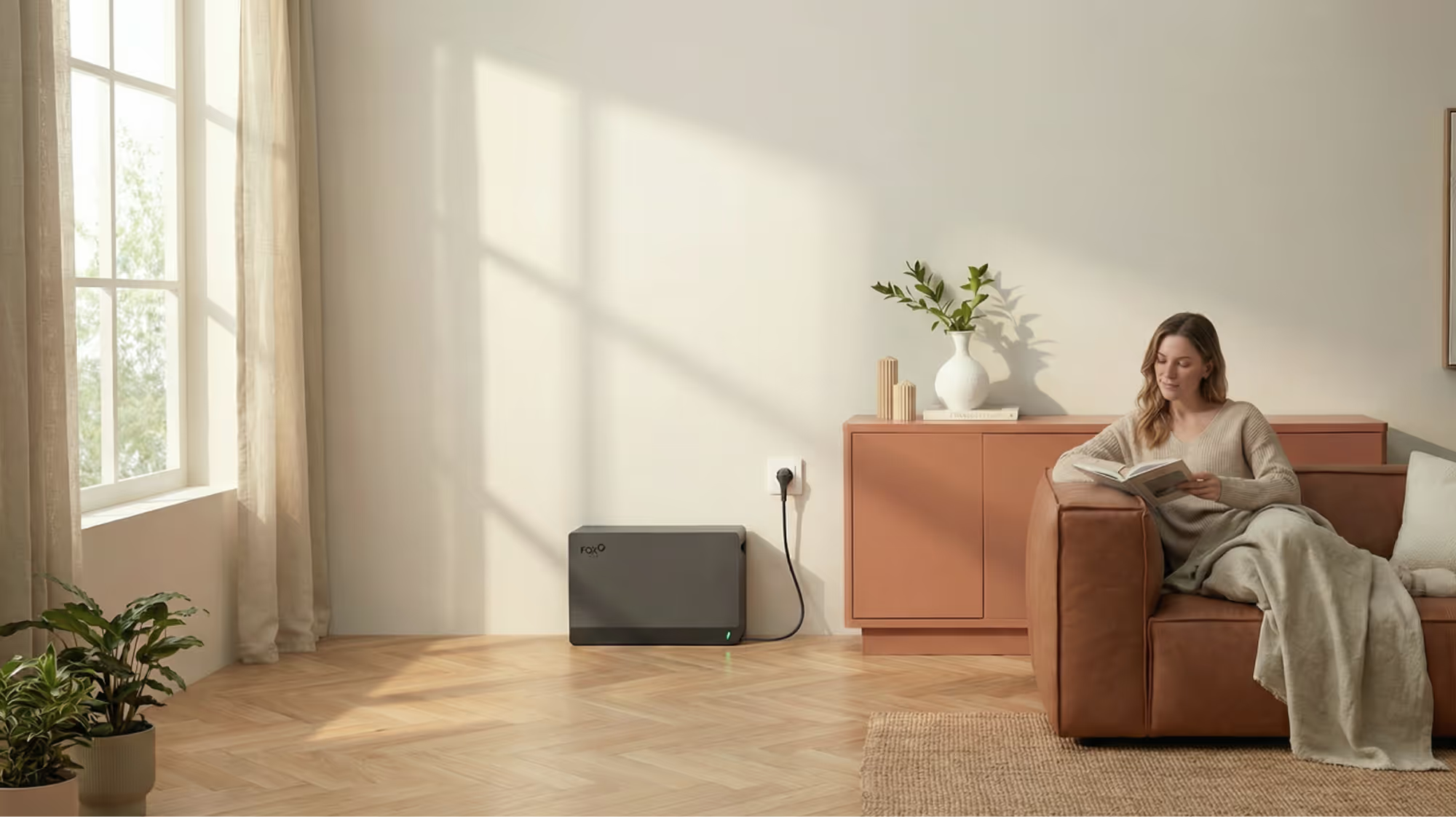 Fox Thuisbatterij thuisbatterij in moderne woonkamer aangesloten op stopcontact